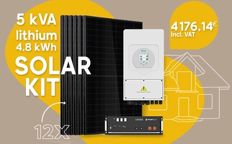 12-panel solar kit with a 5 kVA Deye inverter and a Pylontech US5000 DEYE battery, priced at €4,176.14 (incl. VAT).